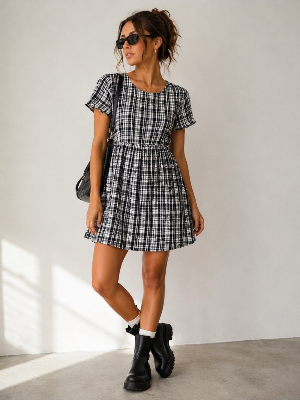RVCA Plaid Open Back Mini Dress Black White Babydoll Medium NWT